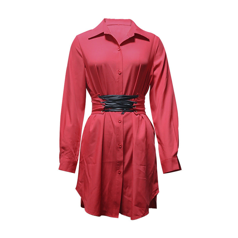 Women Turndown Collar Long Sleeve Solid Dress 15