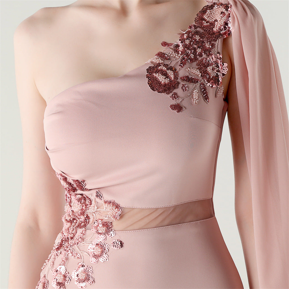 Women Tulle Shawl Beaded Tube Embroidery One Shoulder Evening Dress 33