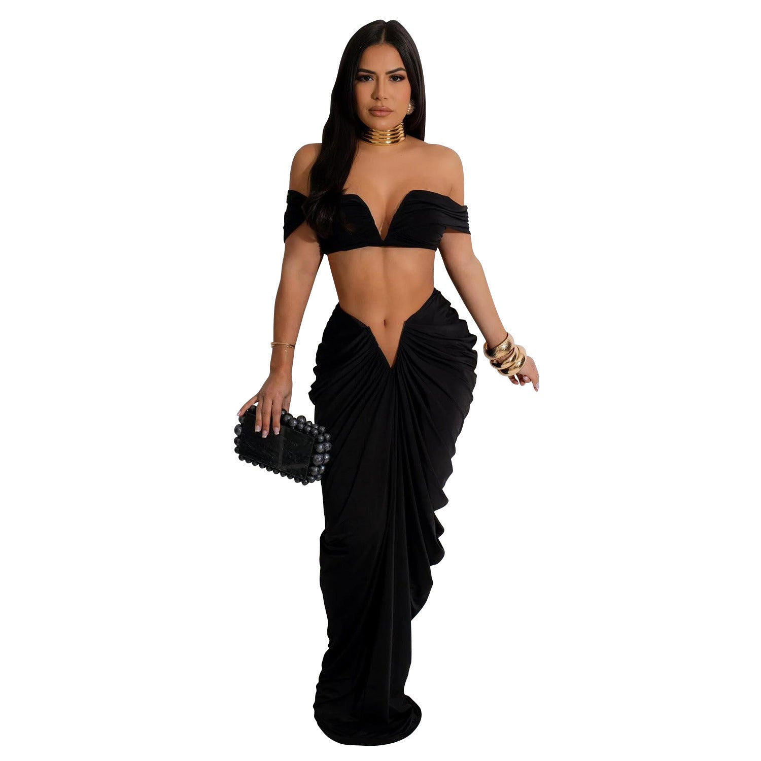 Fashion Women's Solid Color Sexy Off Shoulder Crop Top Pleated Skirt Two Piece Set 5