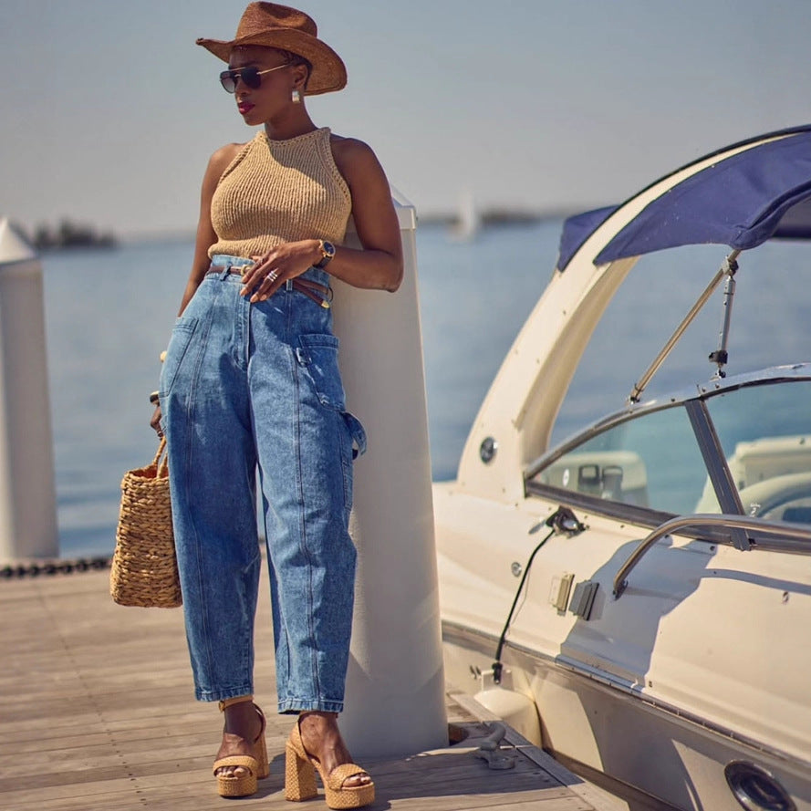 Women's Fashion Pocket Washed Tight Denim Pants 4