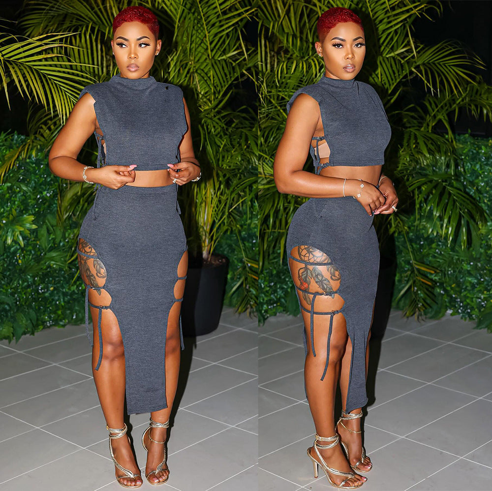 Women sexy strappy tank top Bodycon slit Skirt two-piece set 3