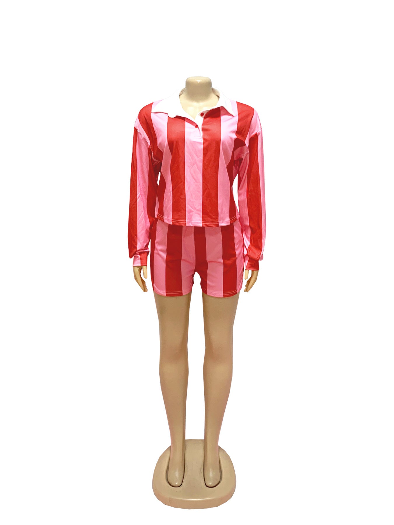 Women Summer Casual Striped Turndown Collar Top and Shorts Two-Piece Set 15