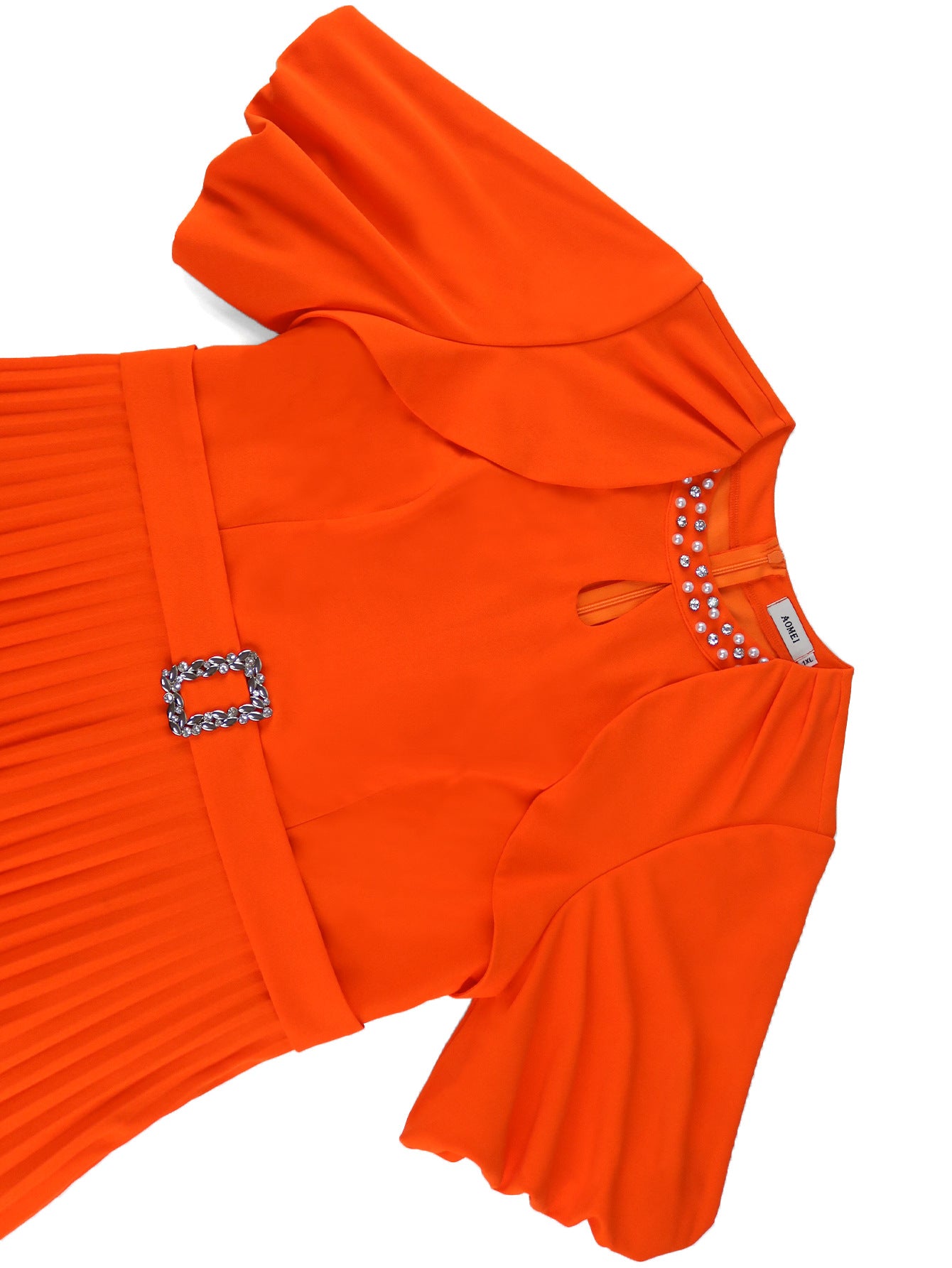 Bright Orange Puff-Sleeve Dress Fashionable Solid Color Party & Career Pleated Dress 12