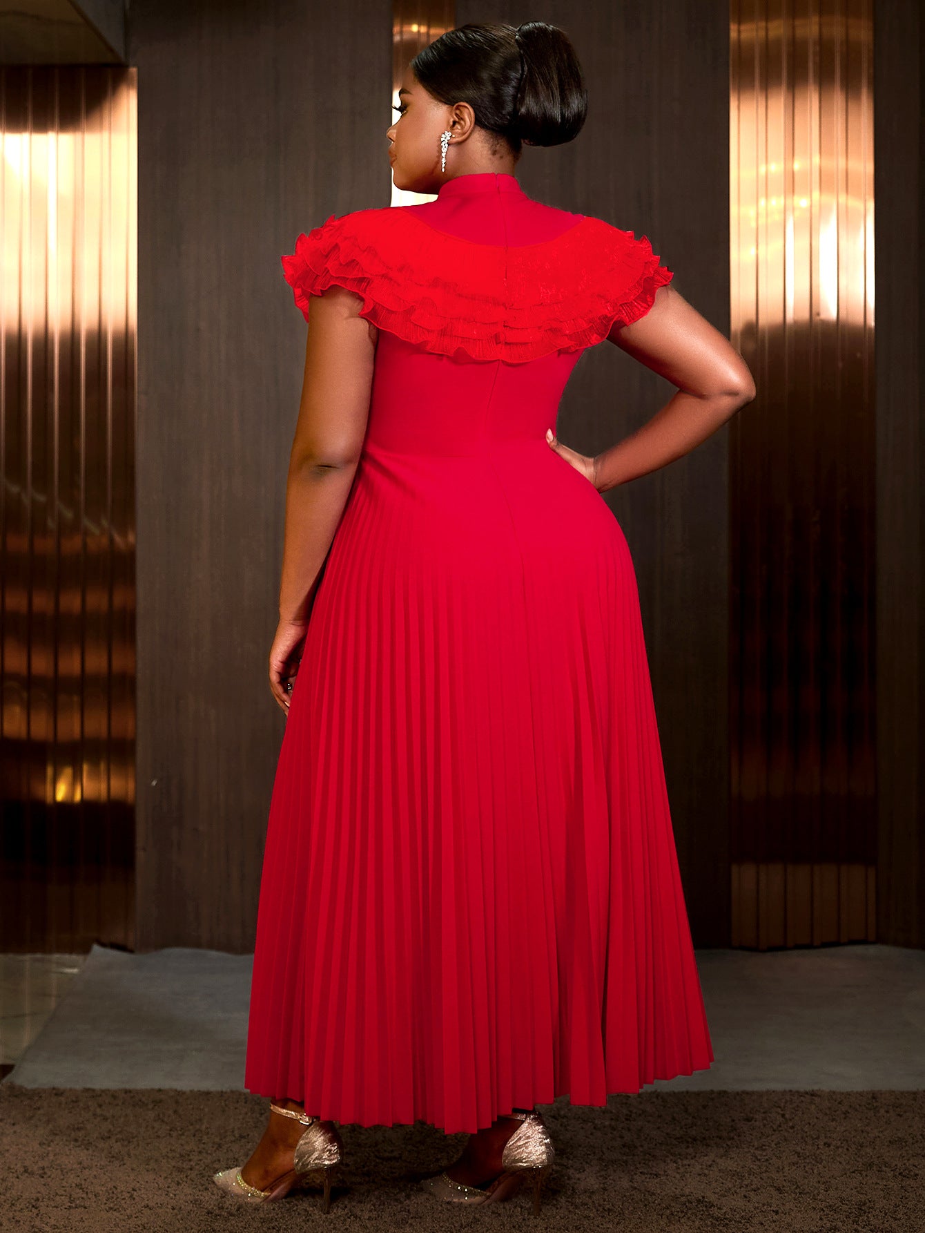 Women Mesh Patchwork Ruffle Edge Pleated Formal Party Dress