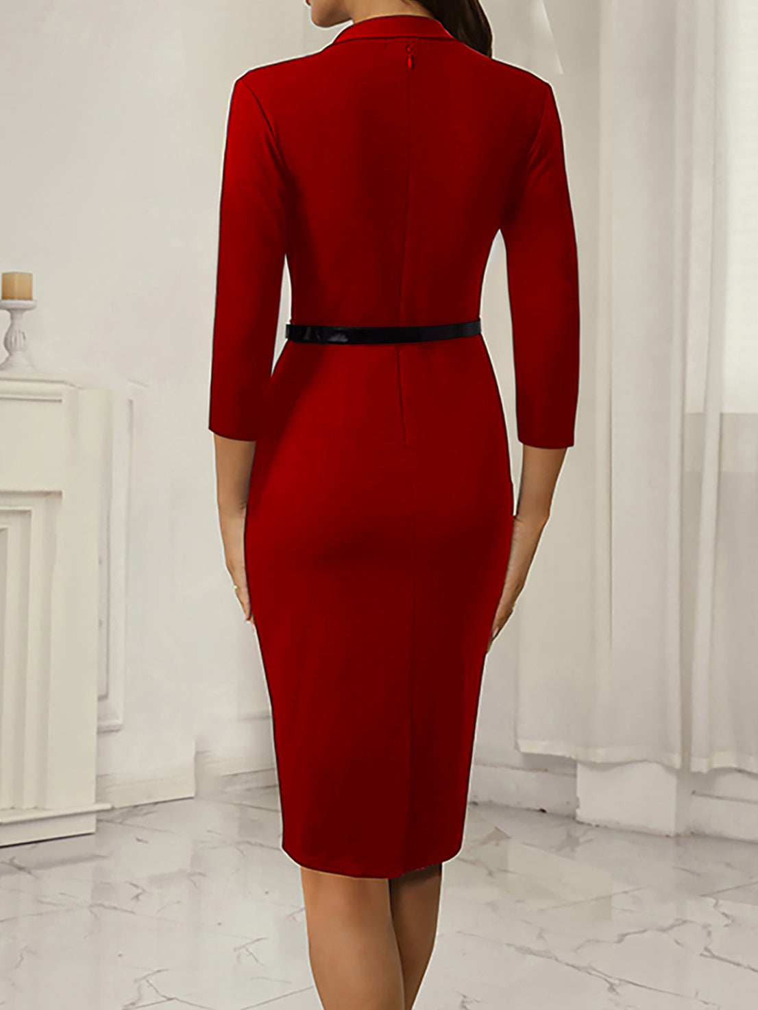 Fake Two-Piece Career Bodycon Fashion Dresses for Women Belt V-Neck Solid Color Dress 7
