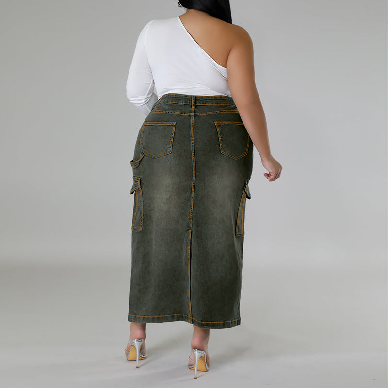 Plus Size Women Denim Strap Slit Skirt 3