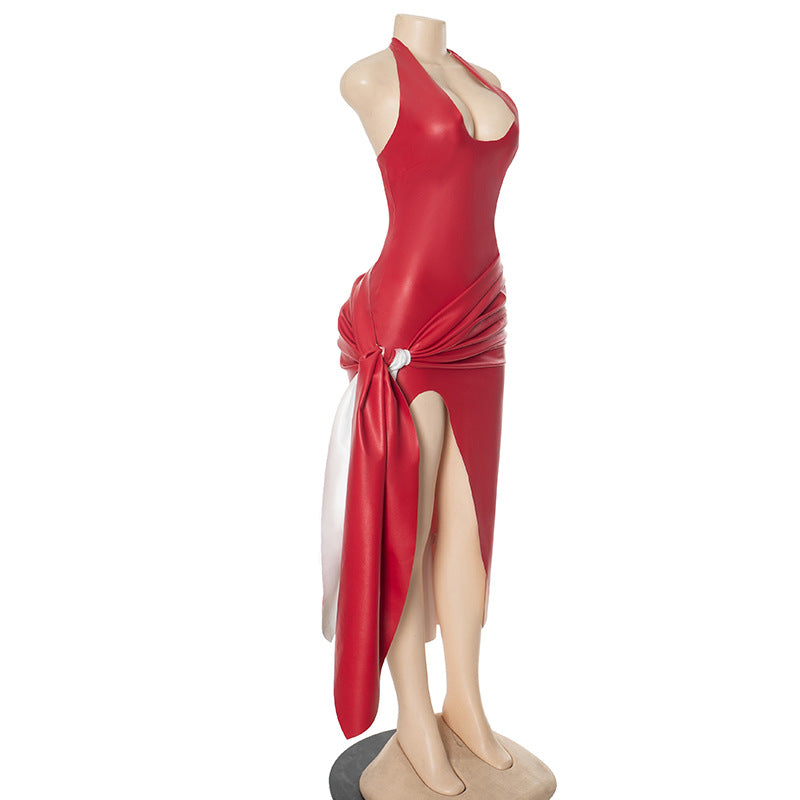 Spring Summer Sexy Deep V Halter Neck Lace Up Slit Dress 12