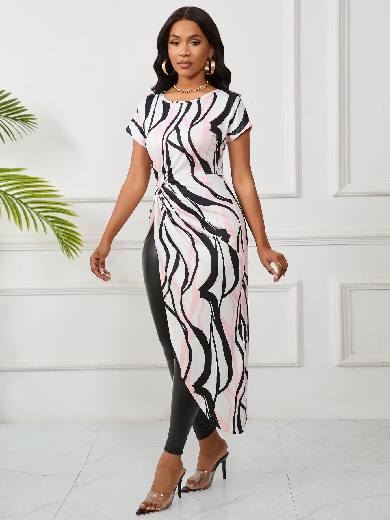 Women Summer Elegant Asymmetric Striped Print Dress 4