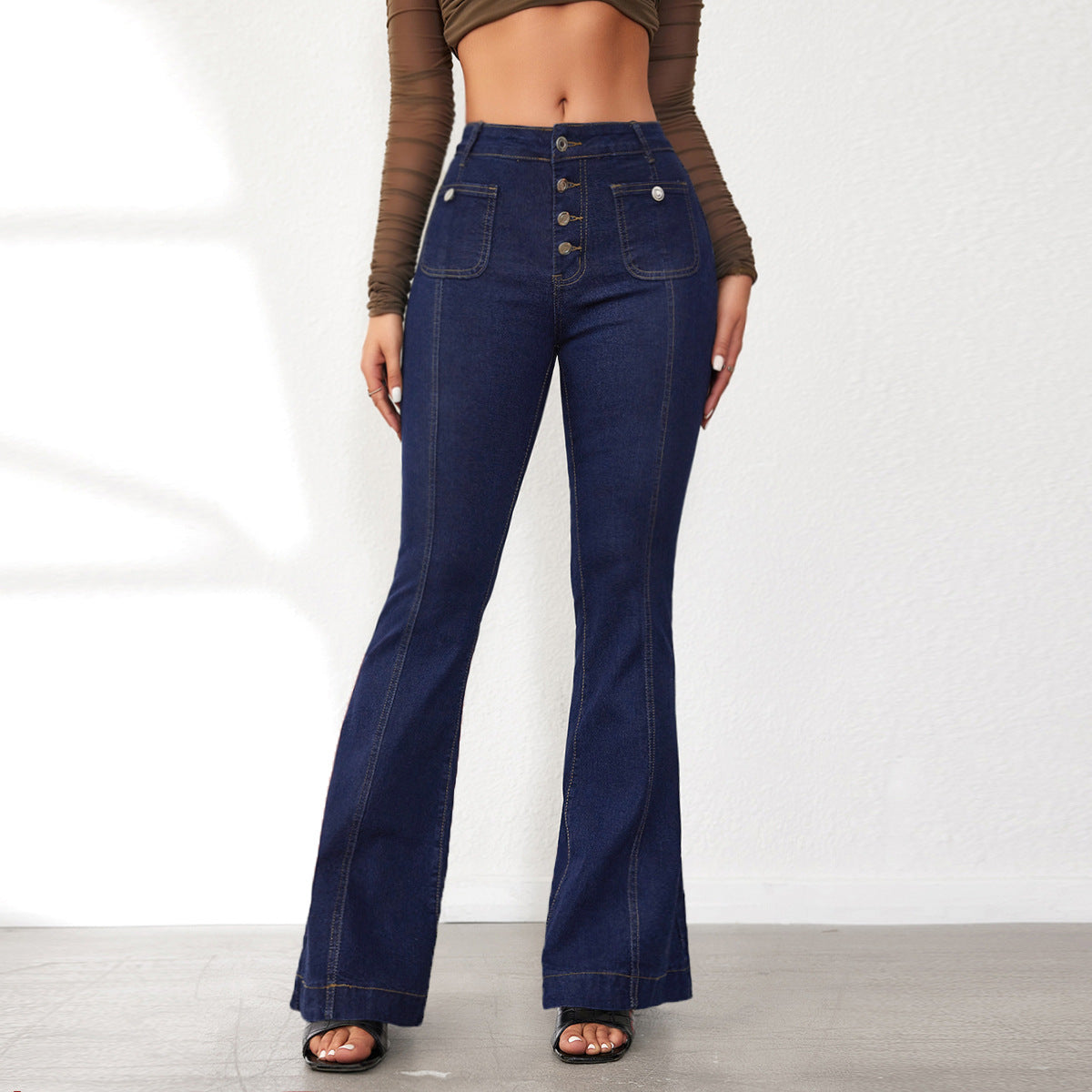 Spring Buttoned Slim Fit Women's High Waist Flare Denim Pants 8