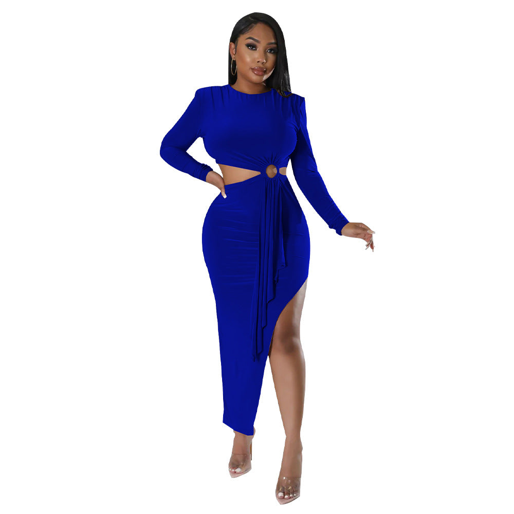 Women'S Fall Round Neck Sexy Open Waist Slit Irregular Dress 16