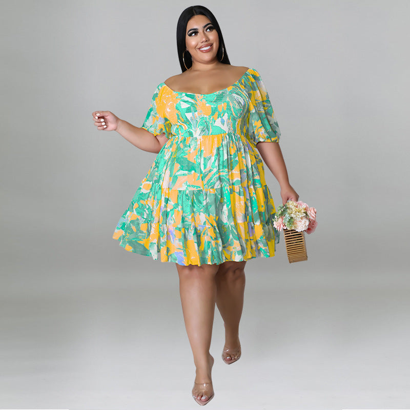 Plus Size Women's Summer Sexy Off Shoulder Print Loose Casual Dress 6
