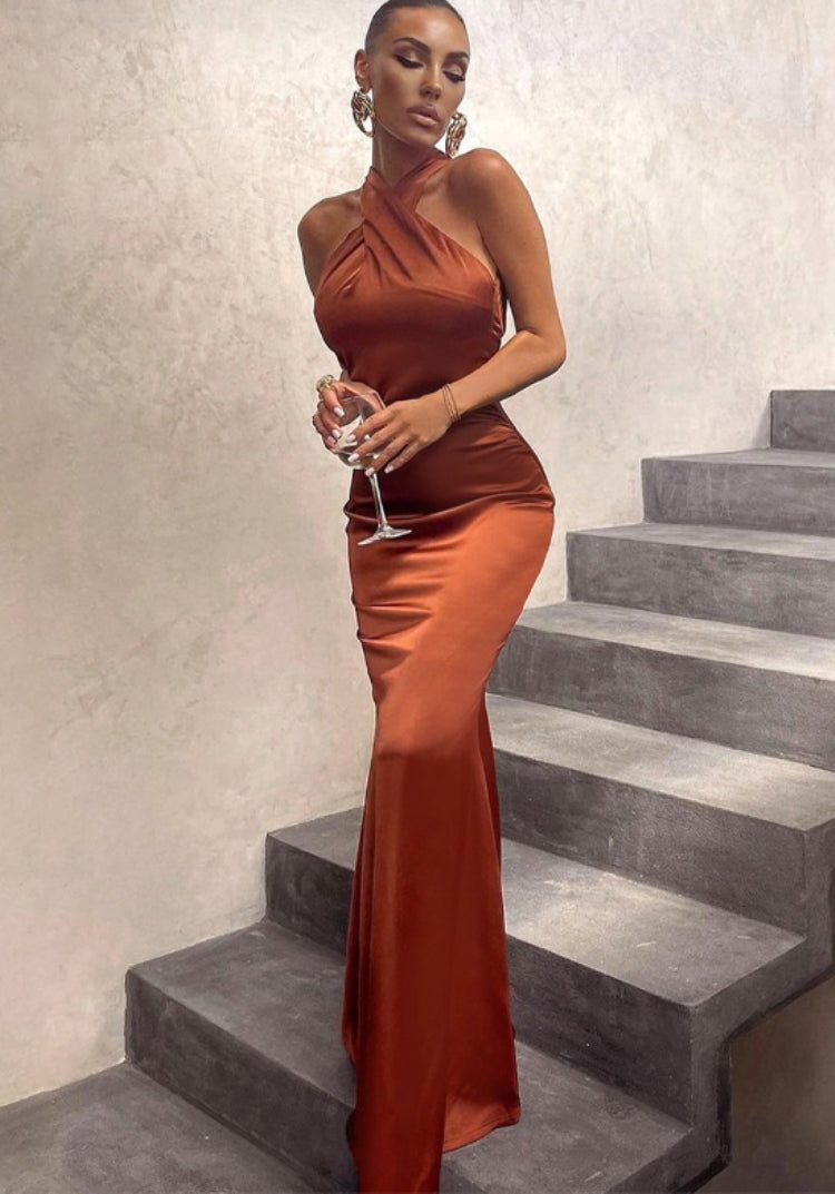 Spring Elegant Brown Cross Neck Sleeveless Backless Evening Dress