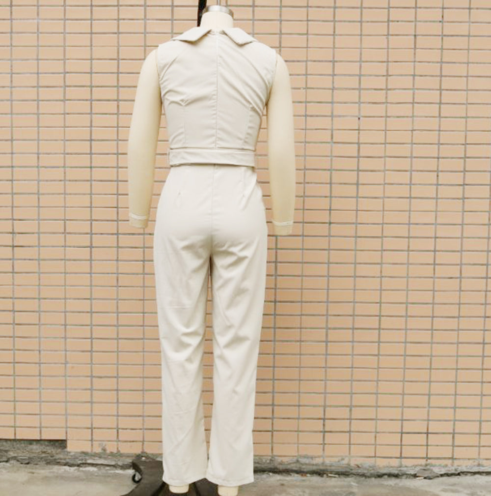 Summer Women'S Solid Color Turndown Collar Sleeveless Professional Jumpsuit 10