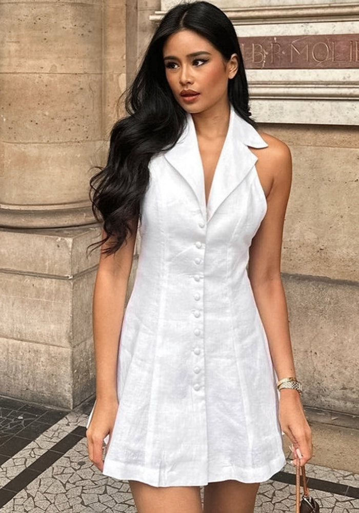 Linen Halter Neck Sexy Low Back Spring/Summer Short Dress