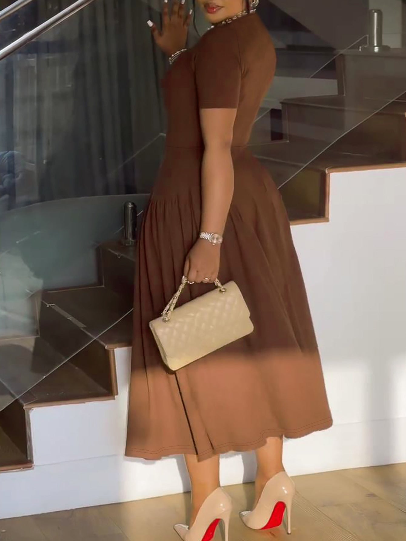 Spring Summer Women's Fashion Elegant Short Sleeve Slim Waist A-Line Plus Size Dress 5