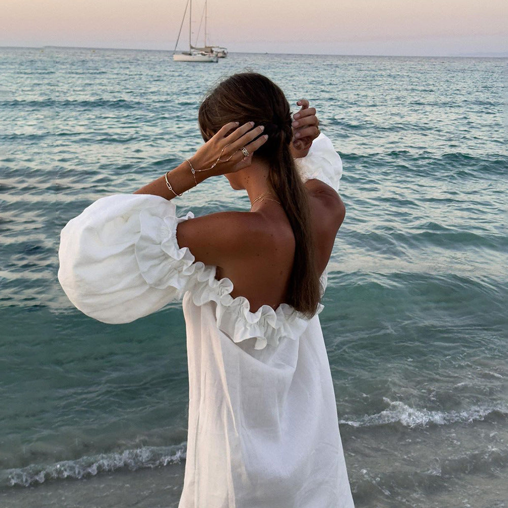 Women Off Shoulder Sexy Puff Sleeves Solid Lace Holidays Beach Dress 5