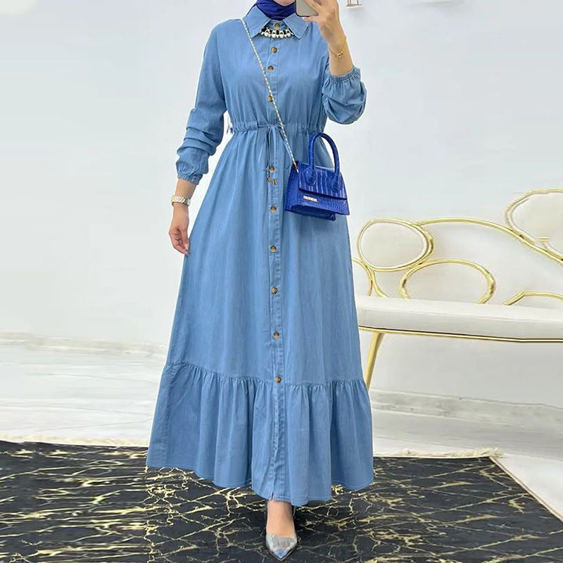Muslim Ladies Solid Color Elegant Denim Dress 3