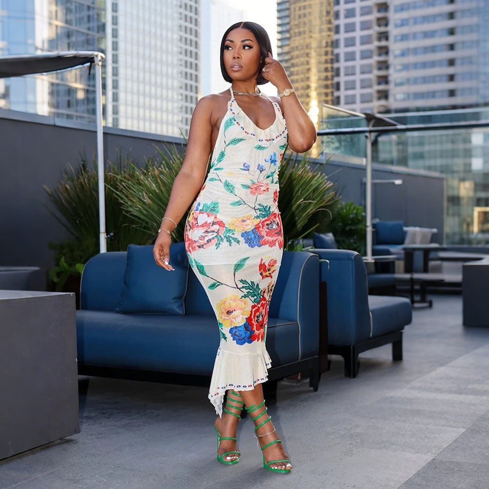 Women Sexy Backless Lace-Up Print Irregular Ruffle Bodycon Maxi Dress