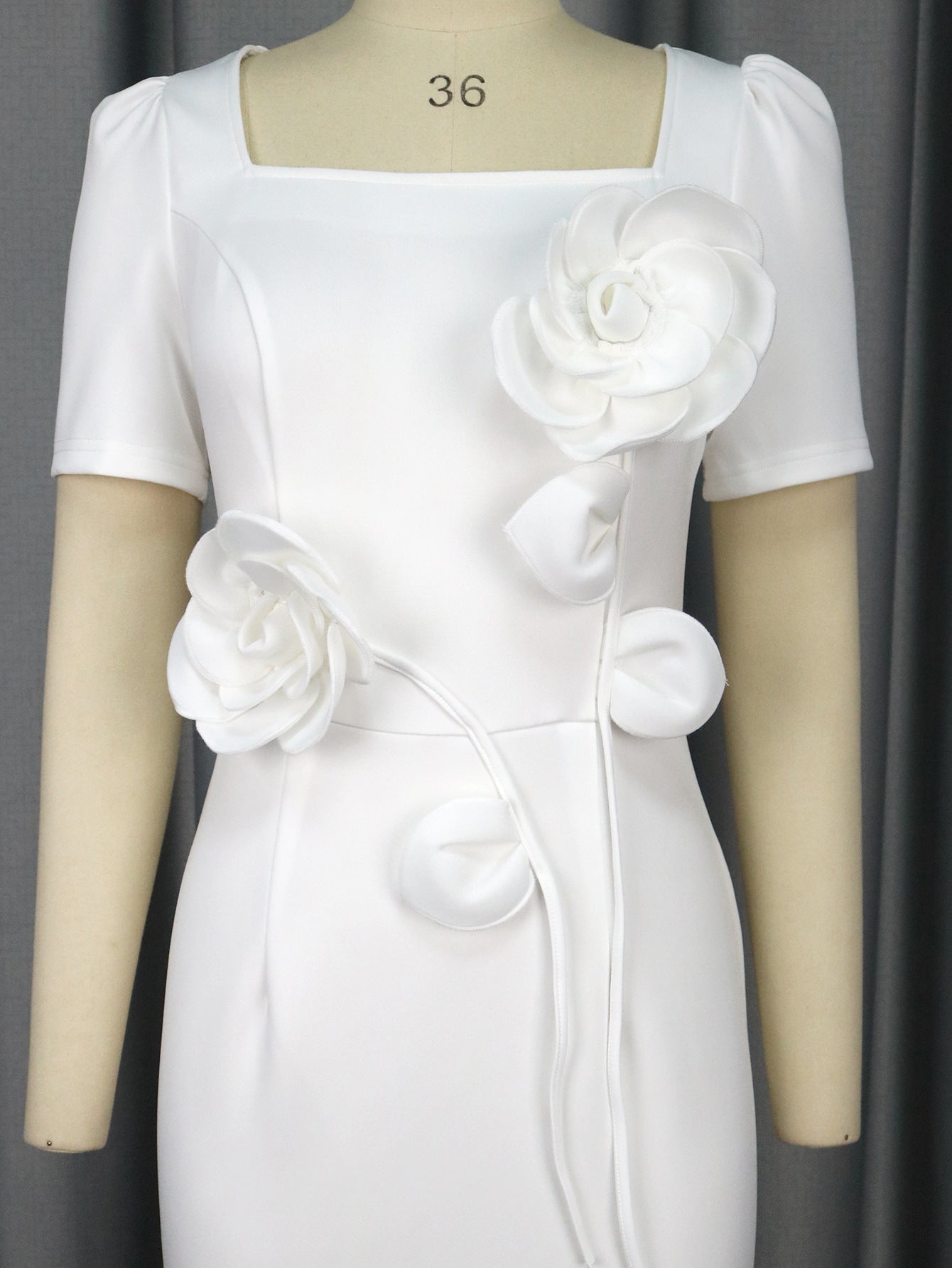 Elegant Square-Neck Ruffle High-Waist Bodycon Flower Formal Party Dress 14