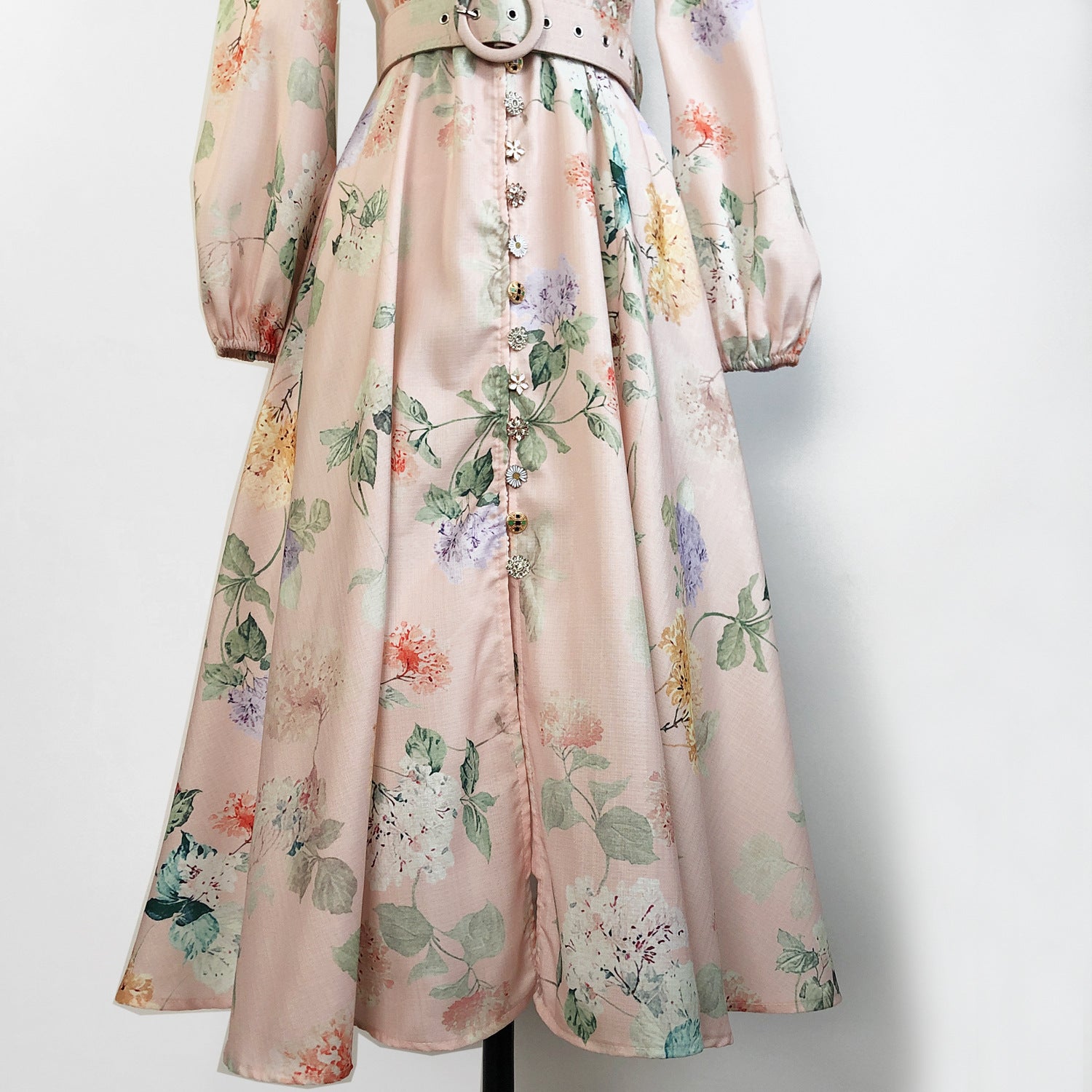 Elegant Print Row Jewelry Button Floral Lantern Sleeve Midi Dress with Belt 27