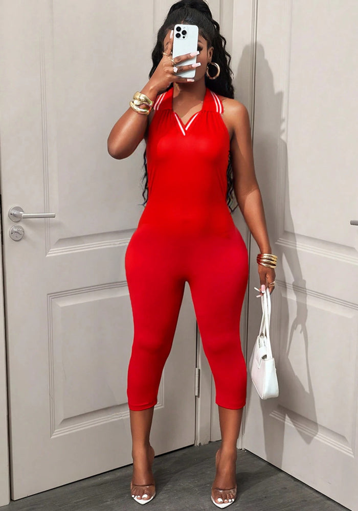 Women Summer Sexy Sleeveless Solid Backless Halter Neck Romper