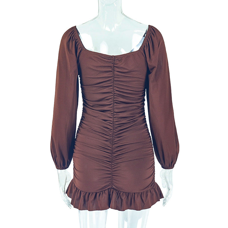 Loose Pleated U Neck Low Back Long Sleeve Dress Casual Comfort 9