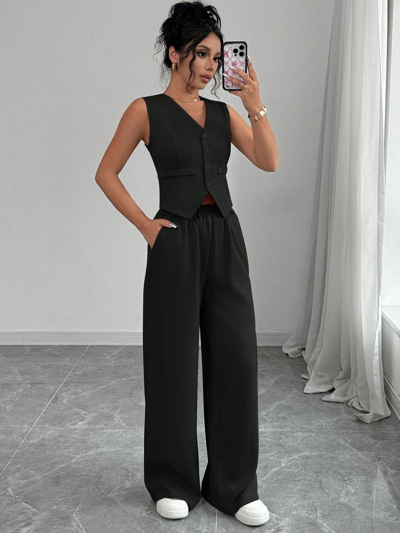 Women's Spring Summer Chic Button Sleeveless Vest Pants Set 7