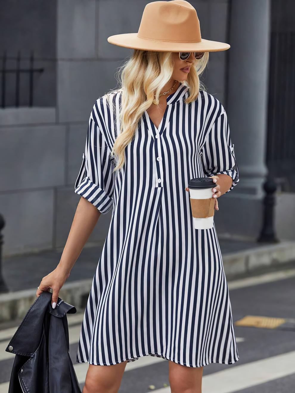 Women striped long-sleeved V-neck shirt dress 3