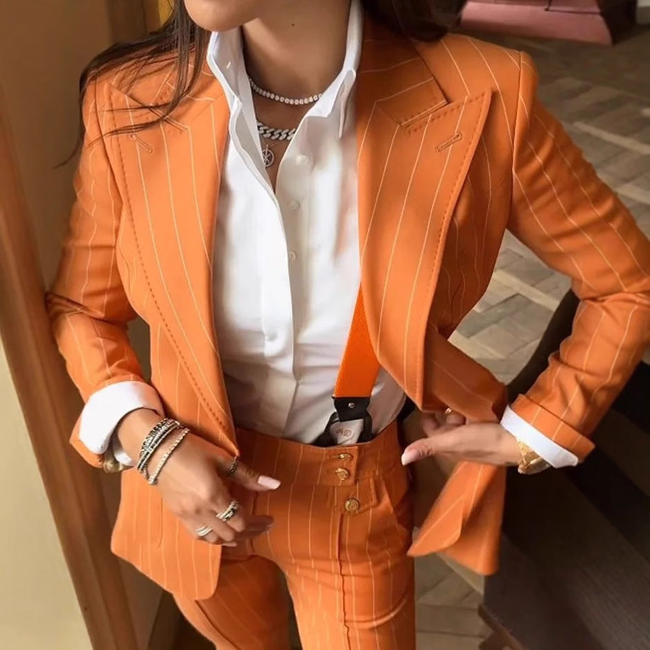 Women Turndown Collar Long-Sleeved Striped Solid Blazer and Pant Two-Piece Set 4