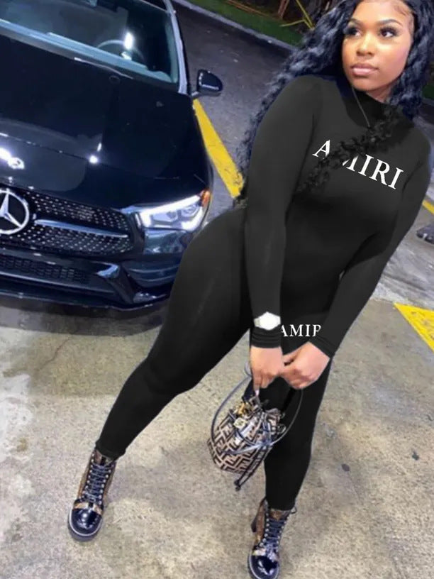 Women Letter Printed Black Casual Yoga Fitness Jumpsuit 5