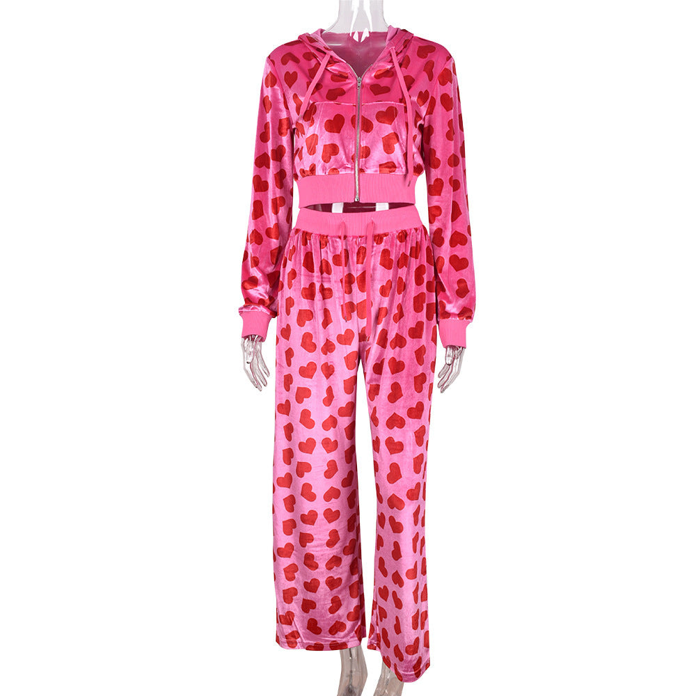 Women Sexy Hooded Printed Zipper Crop Top and Pants Two-piece Set 6