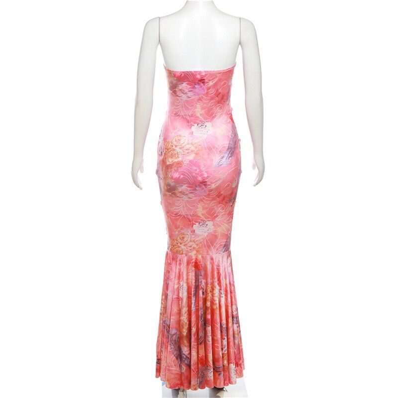 Women Strapless Printed Lace-Up Sexy Backless Dress 12