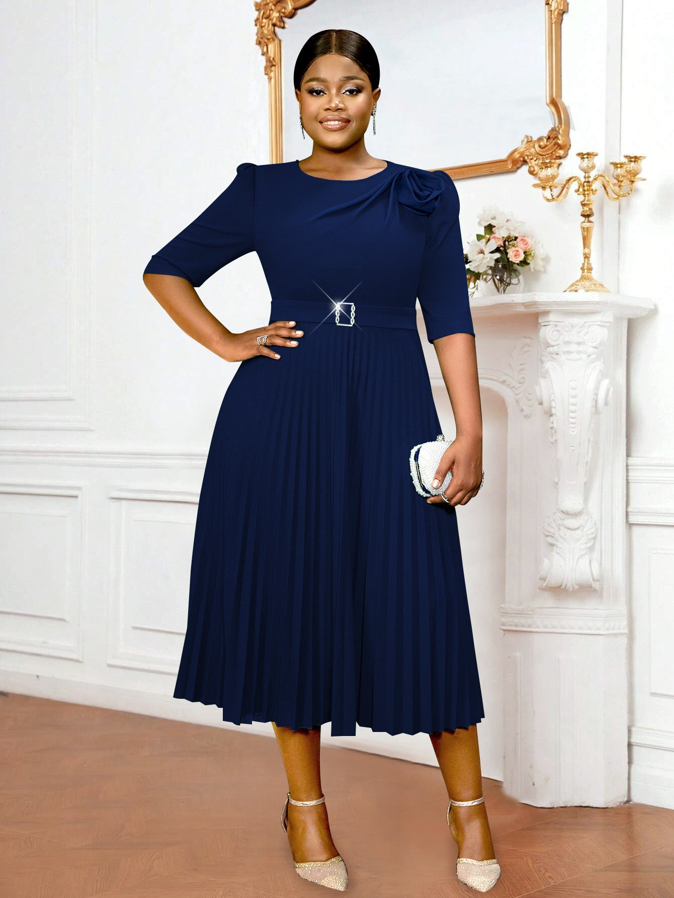 Women Floral Pleated Party Dress 3