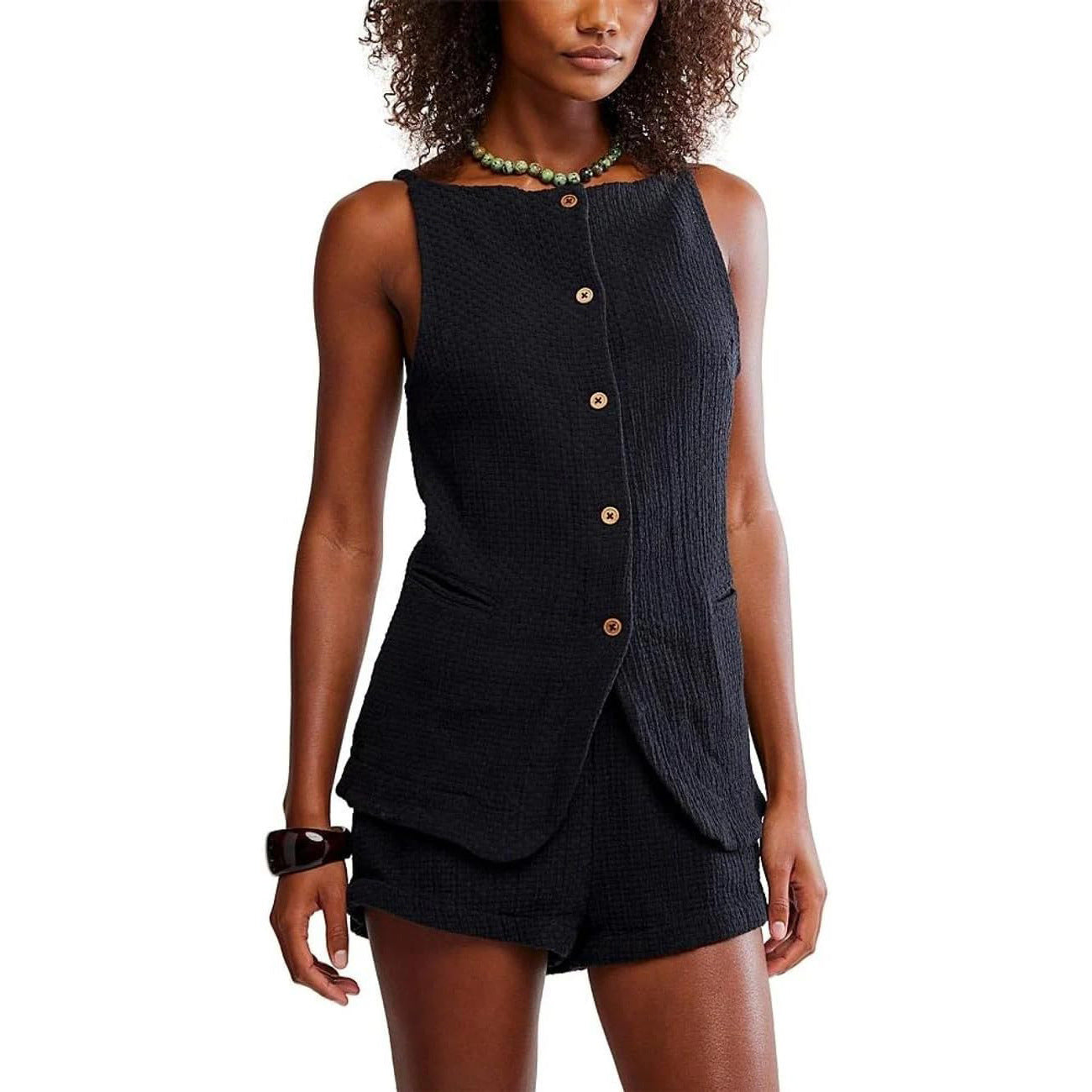 Women's Fashion Casual Button-Up Vest & Shorts Set 6