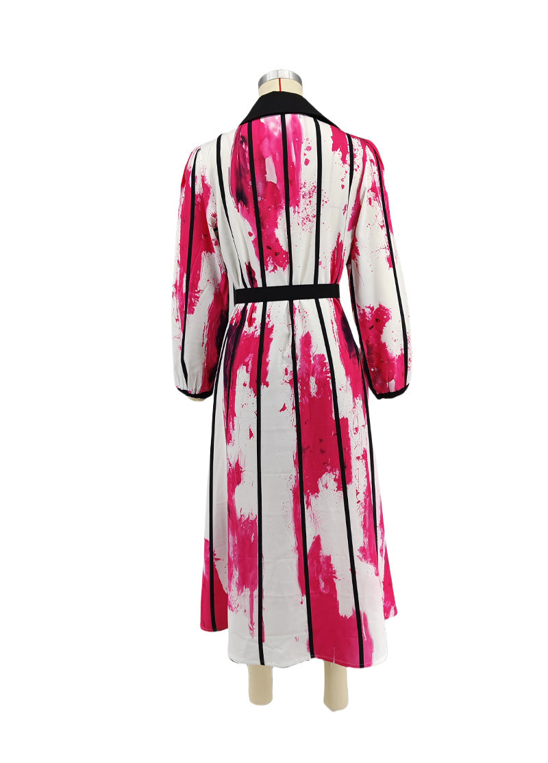 Women's Fashion Contrast Color Turndown Collar Elegant Shirt Dress 9