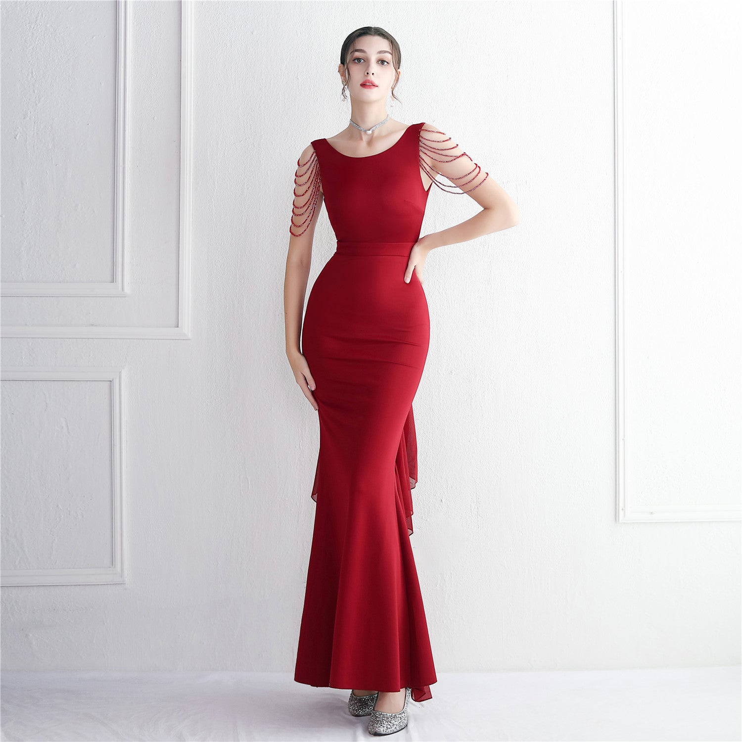 Chiffon Satin Beaded Long Formal Party Slim Evening Dress Chic Elegant Long Annual Meeting Host Dress 4