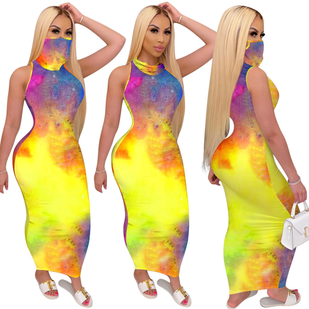 Tie Dye Sexy Sleeveless Tight Midi Dress with Face Cover