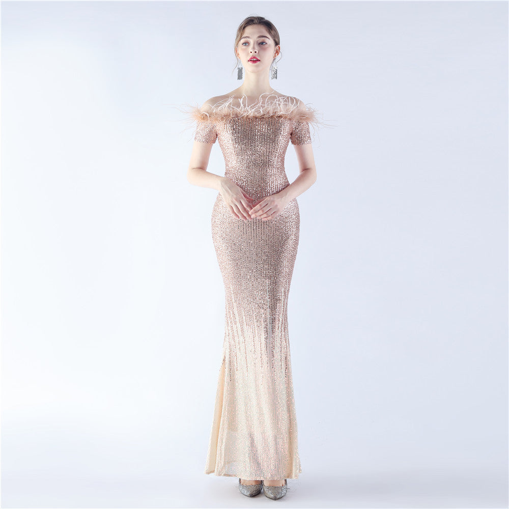 Women craft ostrich feather gradient sequins Off Shoulder evening dress 8