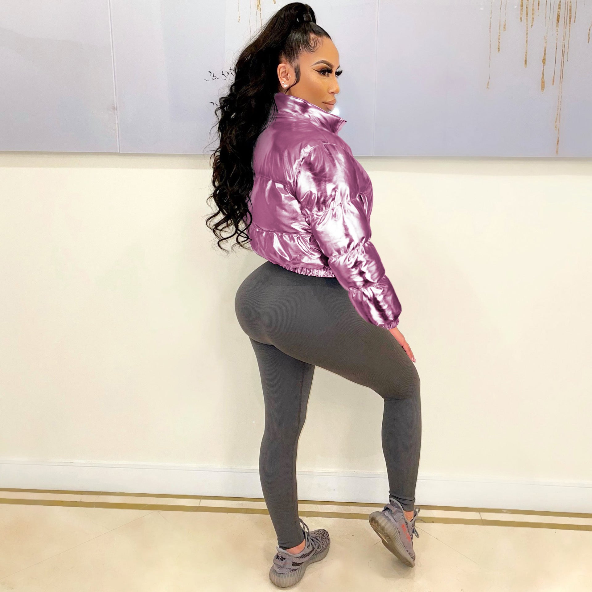 Autumn And Winter Women'S Fashion Shiny Trendy Cotton Padded Coat Clothing Casual Short Jacket 3