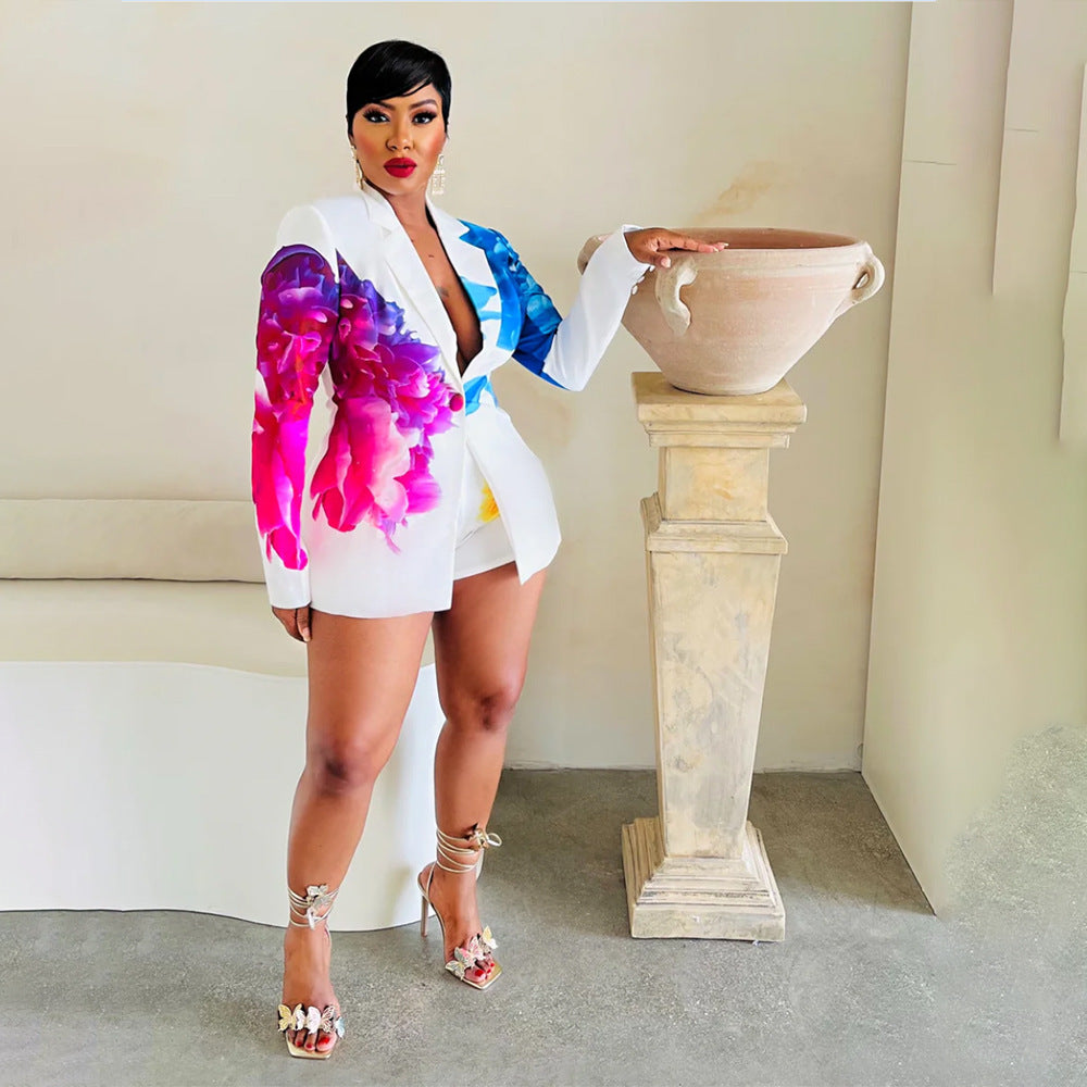 Women's Fashion Casual Collar Printed Blazer Shorts Two Piece Suit 18