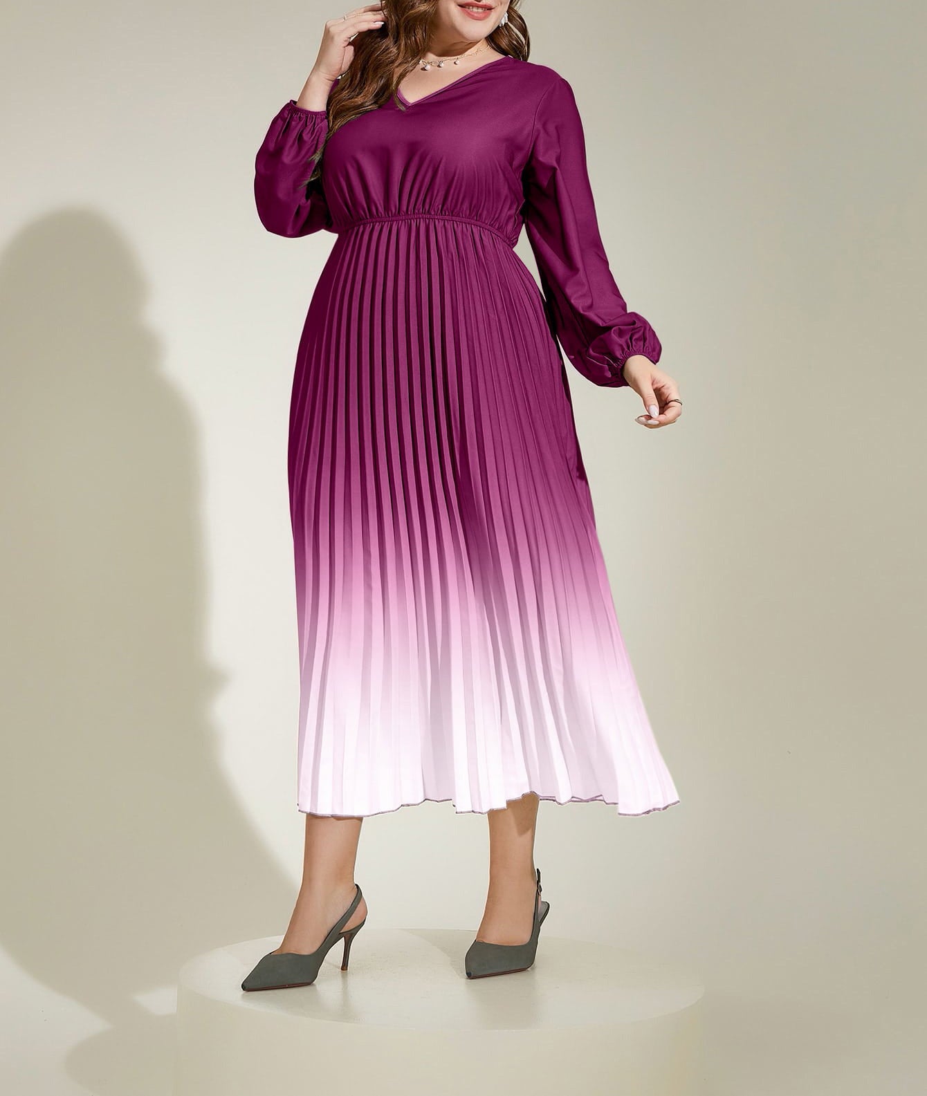 Autumn Chic Gradient Pleated Plus Size Long Sleeve Women's Long Dress 6