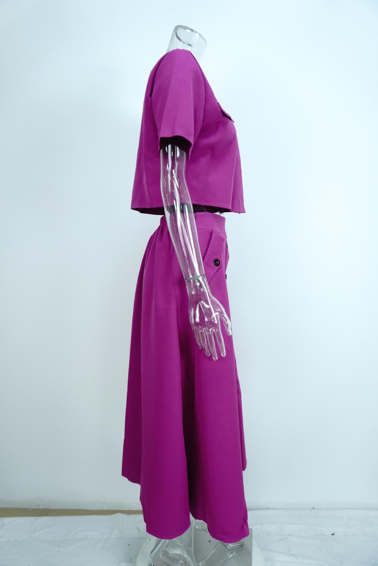 Elegant Solid Short Sleeve Spring Casual Two Piece Skirt Set 12