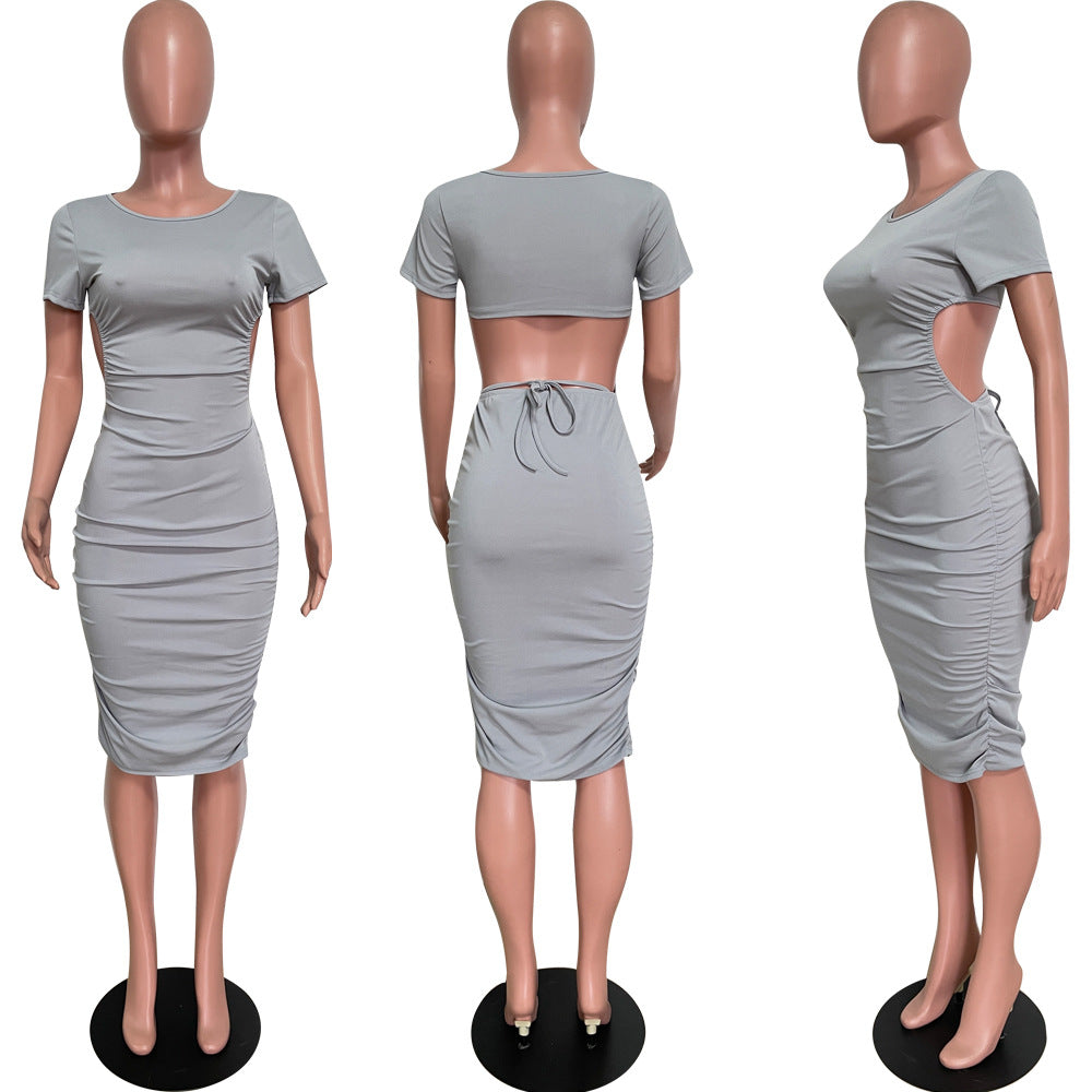 Spring Summer fashionable solid color round neck back hollow midi dress 8