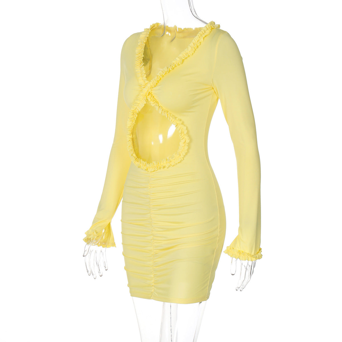 Women Autumn Solid Hollow Lace Bodycon Dress 7