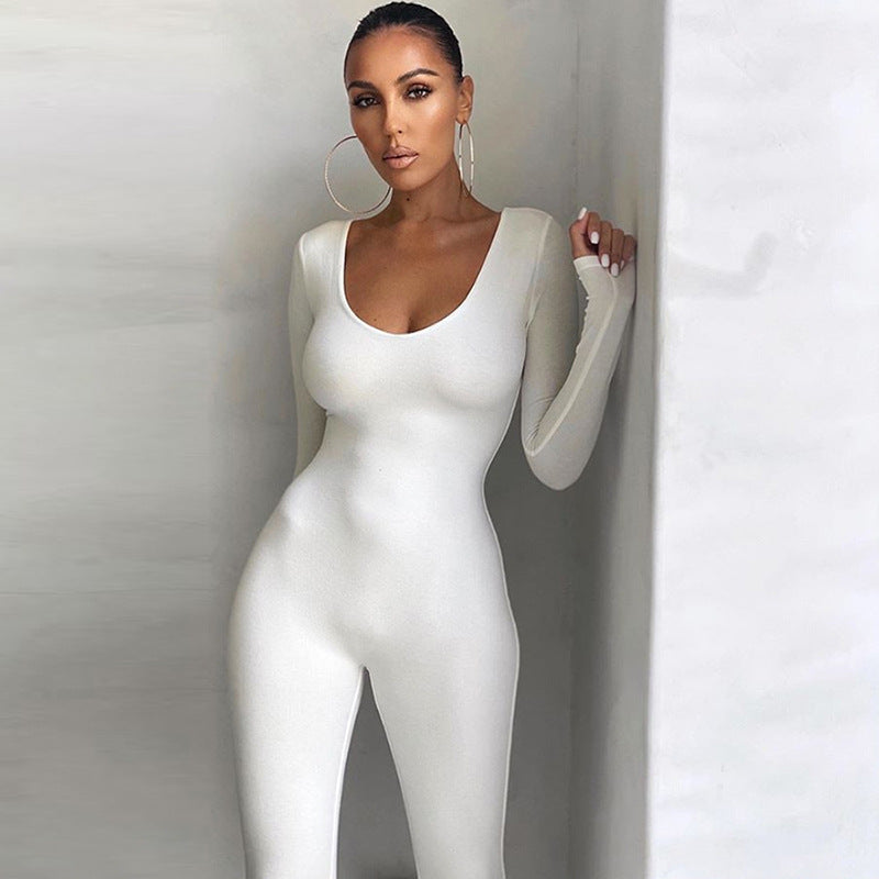 Spring Women's Low Neck Tight Fitting Long Sleeve High Waist Solid Color Sports Fitness Jumpsuit 6