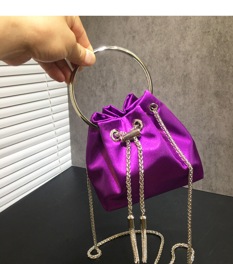Women's Dinner Bag Flash Diamond Tassel Drawstring Satin Handheld Mini Bucket Bag Chain Messenger Bag 6