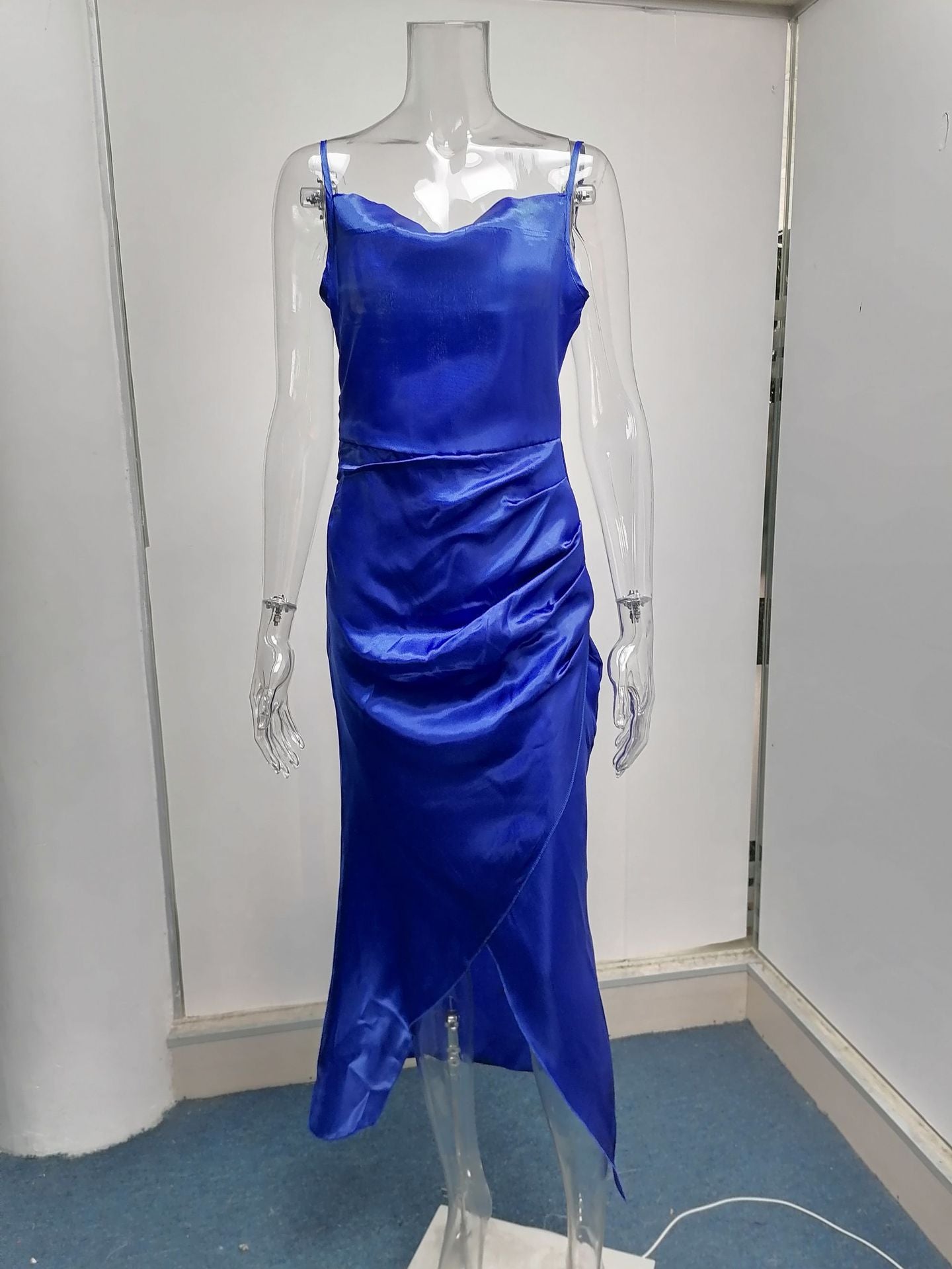 Sexy Low Cut Satin Slit Strap Dress Slim Fit Low Back Maxi Dress 30