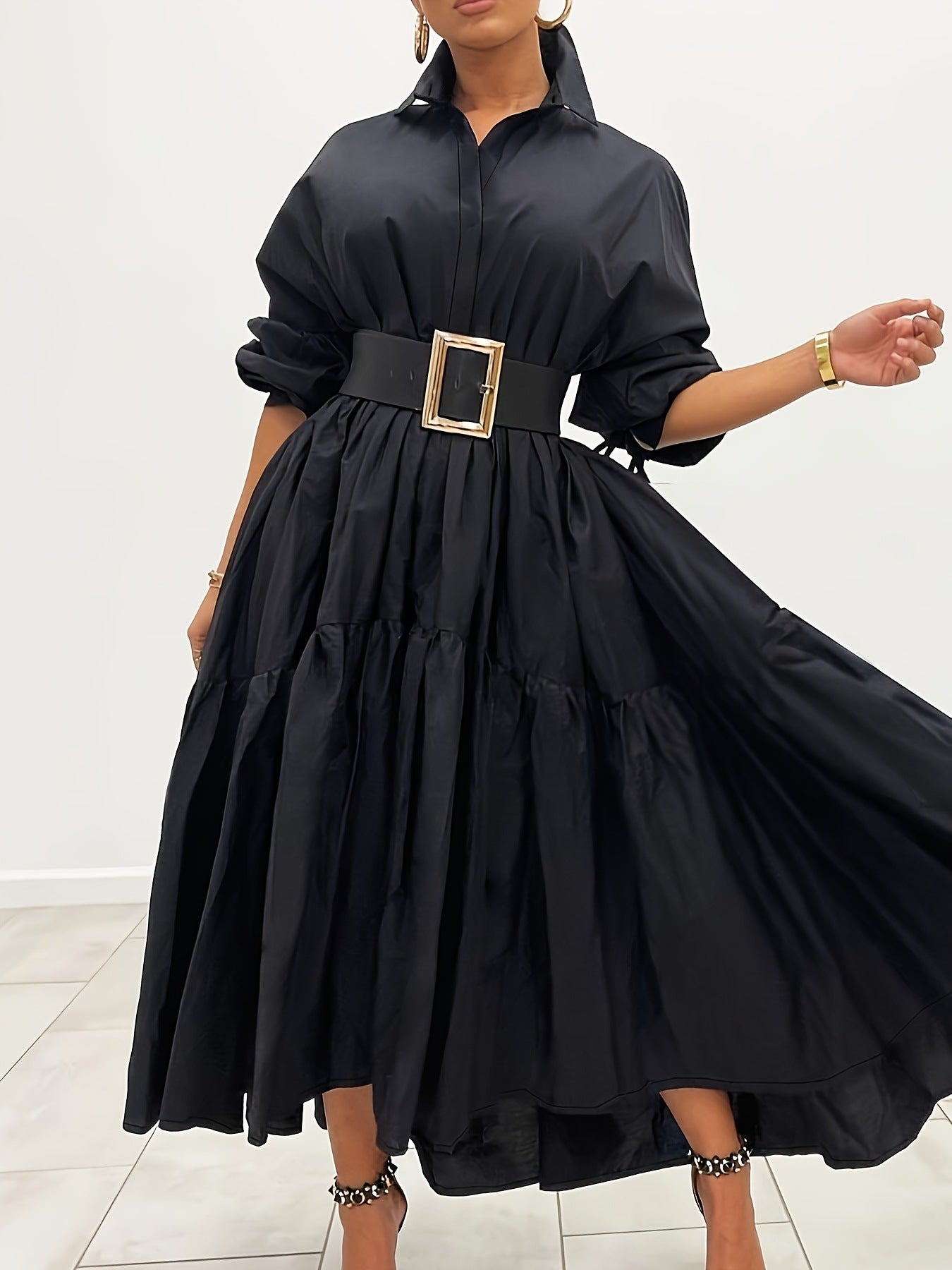 Women Vintage Loose Lace-Up Long Sleeve Button-Up Shirt Dress Does Not Include Belt