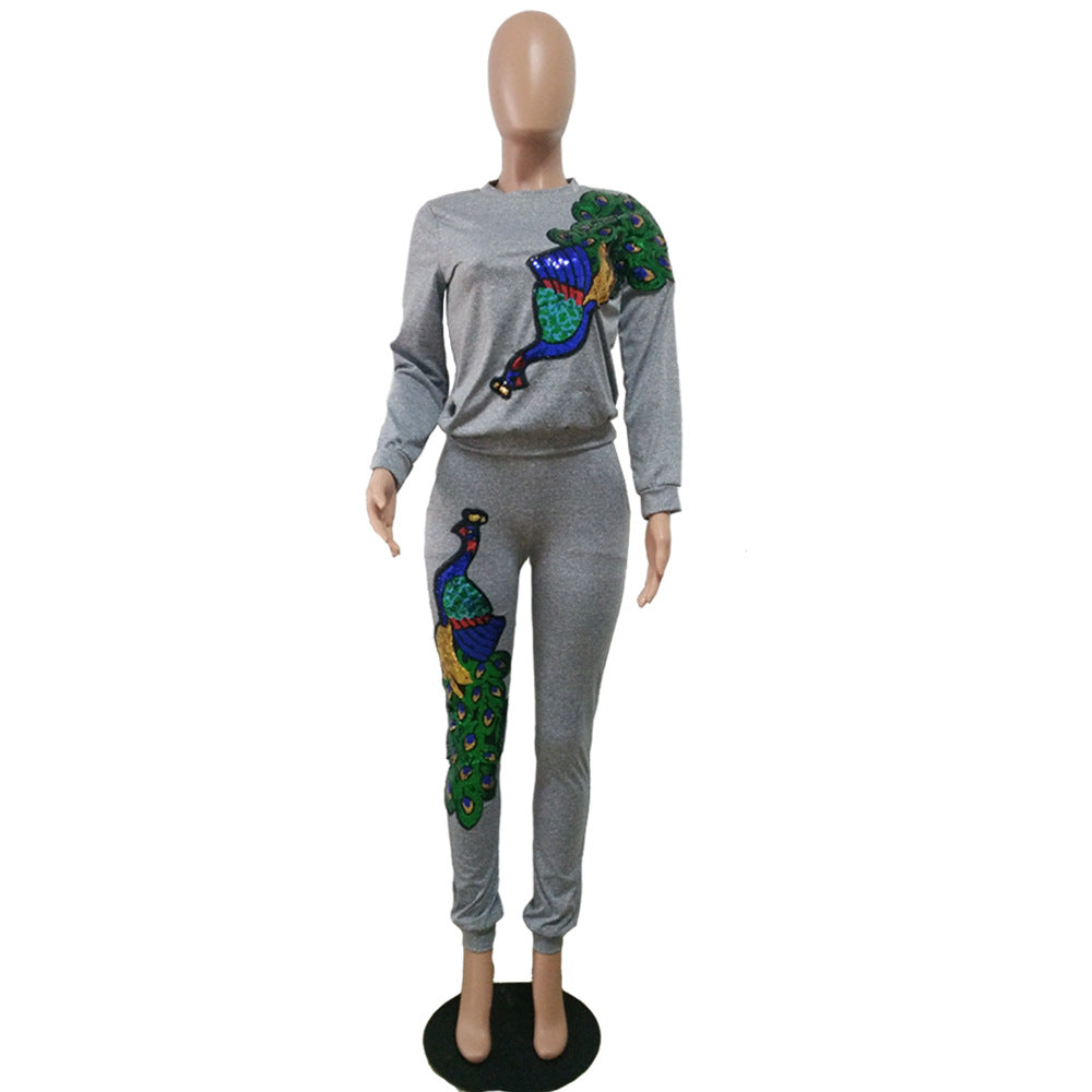 Women's Autumn and Winter Fashionable Peacock Sequin Patchwork Two-piece Pants Set 6