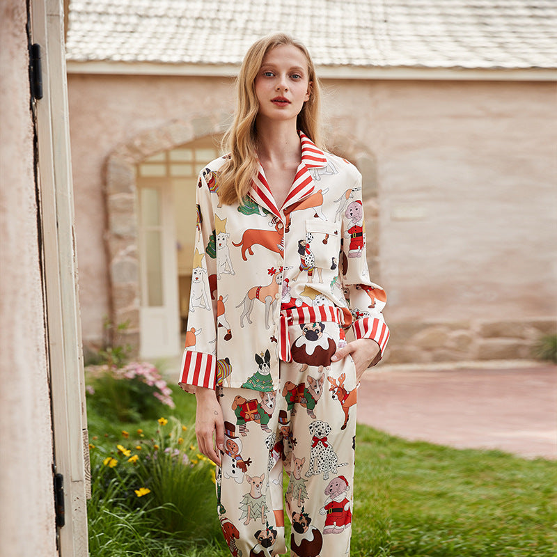 Christmas Dog Pajamas Women's Spring And Autumn Long Sleeve Turndown Collar Cartoon Print Home Clothes Women's Sleepwear 6